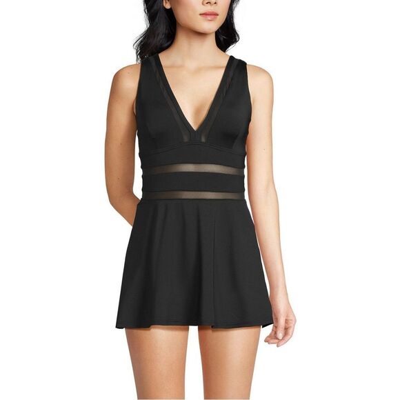 Land's End Plus Standard Mesh V Neck Mini Swimsuit Dress one piece minimizer Var - Picture 1 of 4